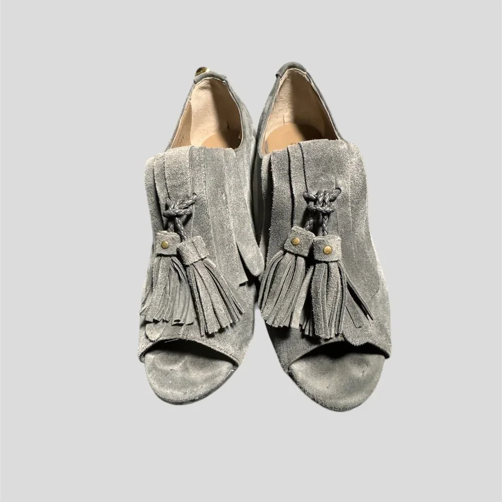 Anyi Lu gray suede sedge peep toe  bootie shoe